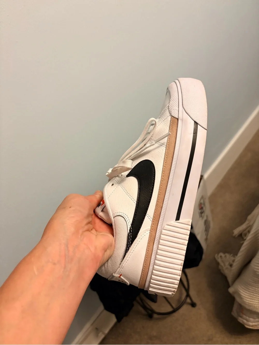 Nike Women’s Court White Sneakers with Black Swoosh and Gold Accent